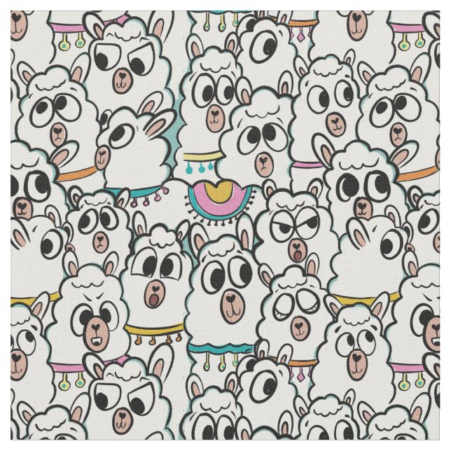 Quirky Cartoon Llama Herd Doodle Stoff (Nahaufnahme)