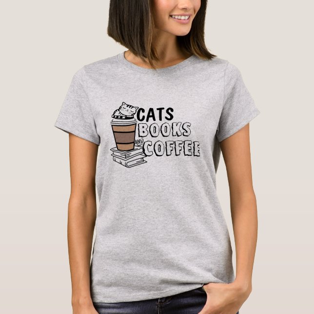 Quirky Cat Lover T-Shirt - Katzen, Bücher und Kaff (Vorderseite)