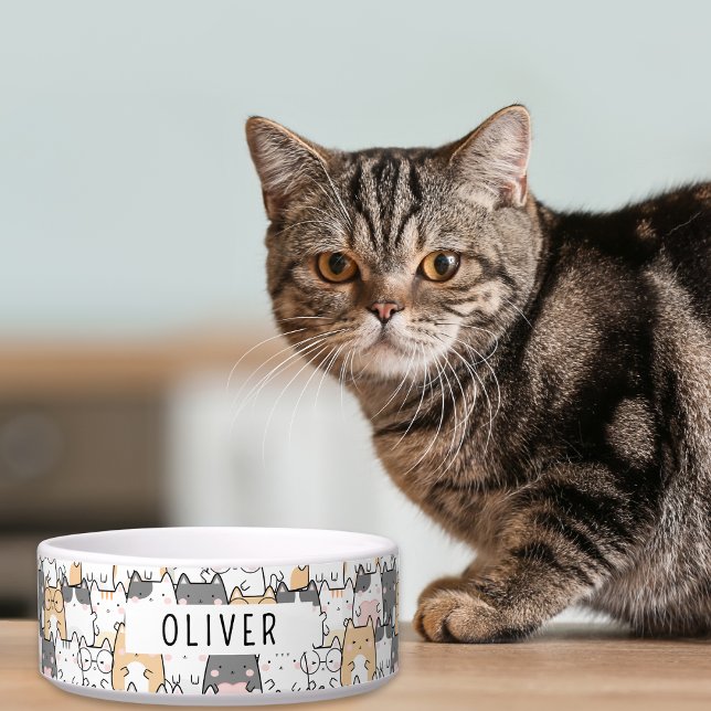 Quirky Cats Individuelle Name Napf (Easily customize this cute pet bowl with your furry loved one's name.)