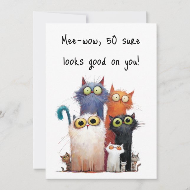 Quirky Cats with Big Eyes 50th Birthday Flat Karte (Vorderseite)