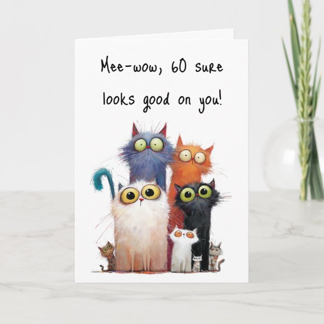 Quirky Cats with Big Eyes 60th Birthday Greeting Karte (Vorderseite)