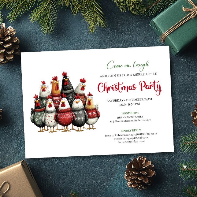 Quirky Chickens Watercolor Christmas Celebration  Einladung (Quirky Chickens Watercolor Christmas Celebration Card)