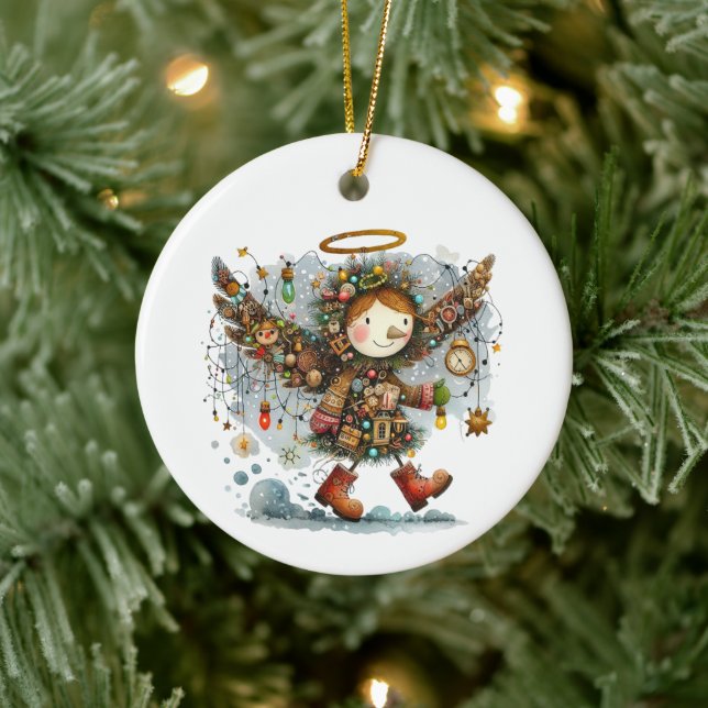 Quirky Christmas Angel Moderner Art Style Keramik Ornament (Baum)