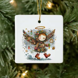 Quirky Christmas Angel Moderner Art Style Keramikornament