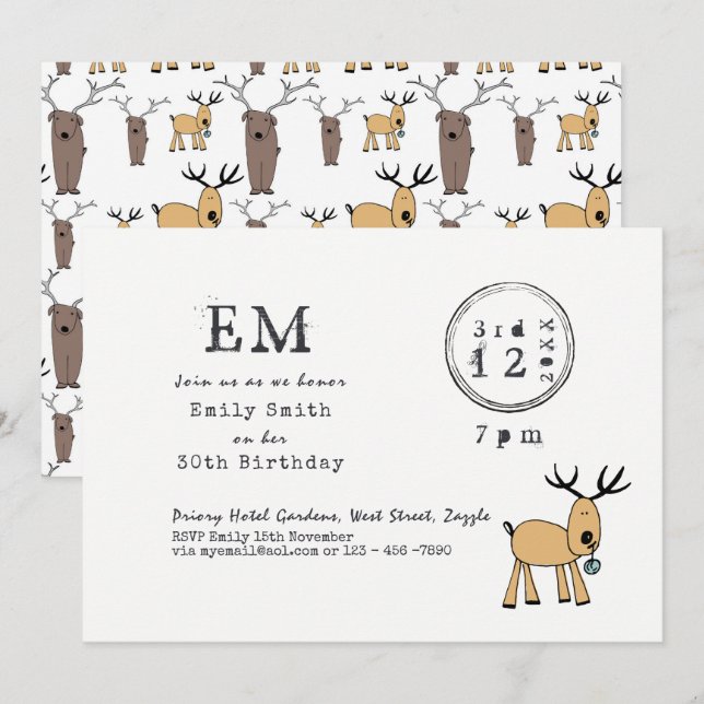 Quirky Christmas Party - Rentier Doodle Typeset Einladung (Vorne/Hinten)
