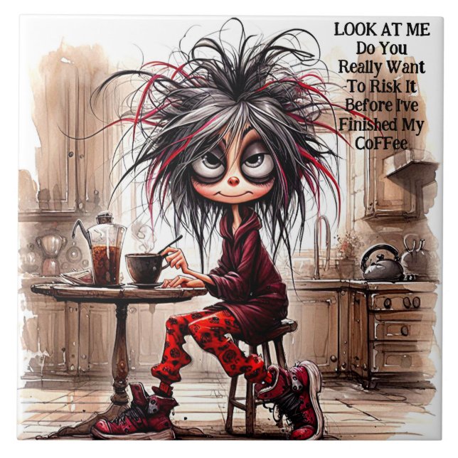 Quirky Coffee Lady riskiert IT-Keramik Fliese (Vorderseite)