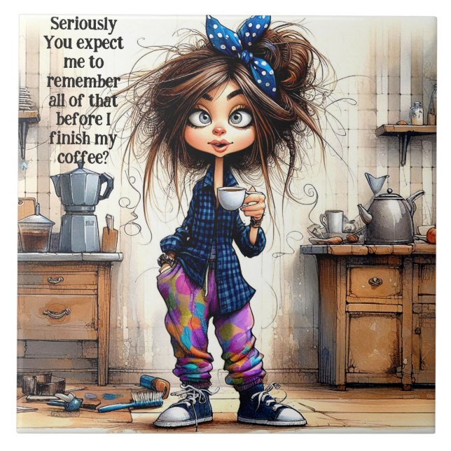 Quirky Coffee Lady Serious Keramik Tile Fliese (Vorderseite)