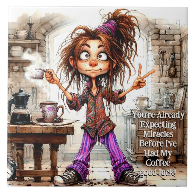 Quirky Coffee Lady Viel Glück Keramik Tile Fliese (Vorderseite)