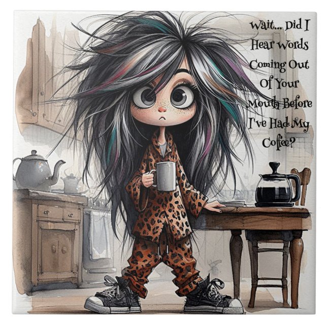 Quirky Coffee Lady Wait Keramik Tile Fliese (Vorderseite)