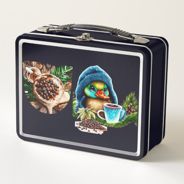 Quirky Coffee Lover Duck Design Metall Brotdose (Vorderseite)