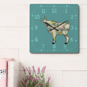 Quirky Colorful Funky Goat Funny Animal Art Green Quadratische Wanduhr