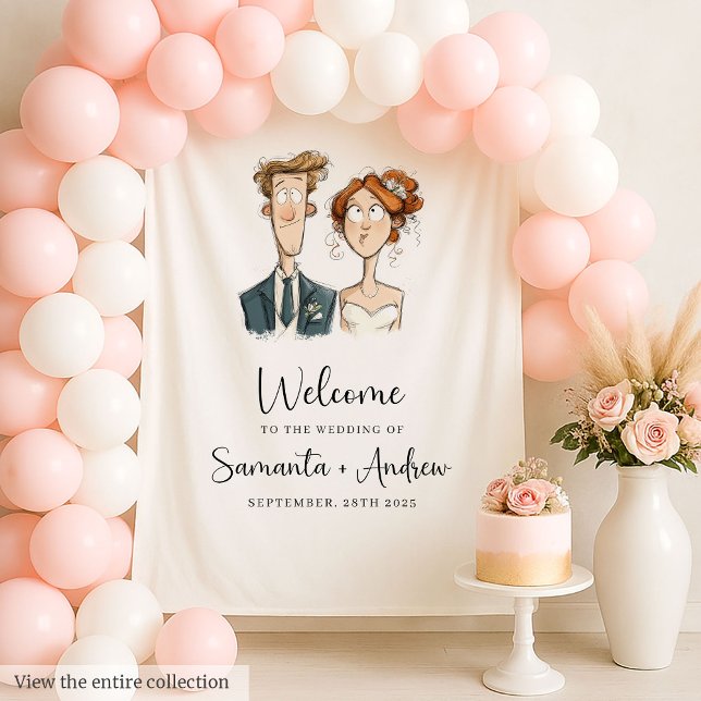 Quirky Couple Wedding Background Wasserfarbenbrill Wandteppich (Quirky Couple Wedding Backdrop Watercolor Bride Groom)