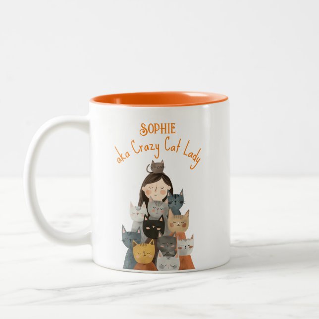 Quirky Crazy Cat Lady mit Namen Funny Zweifarbige Tasse (Links)