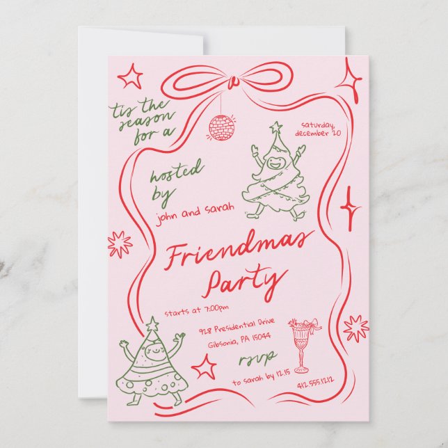Quirky Doodle Christmas Friendmas Party Invitation Einladung (Vorderseite)