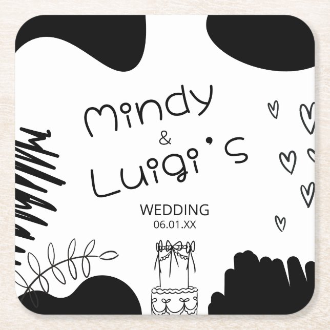 Quirky Doodle Shapes Script Wedding Rechteckiger Pappuntersetzer (Vorderseite)