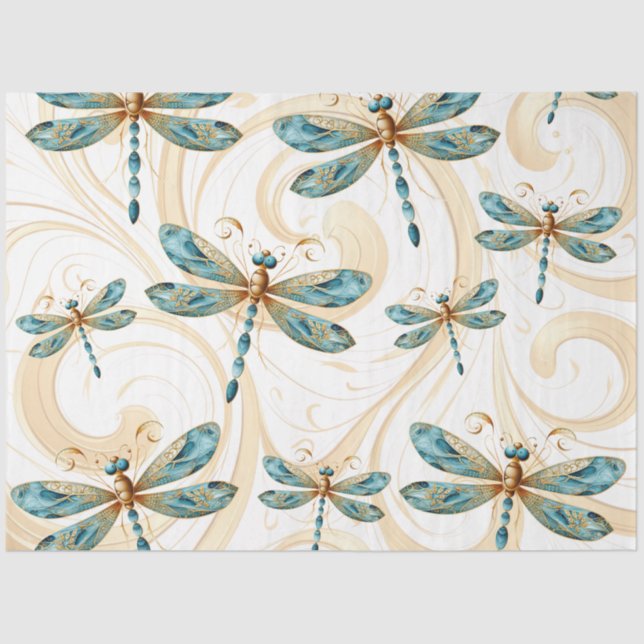 Quirky Dragonfly Muster in Aqua und Gold Seidenpapier (Vorderseite)