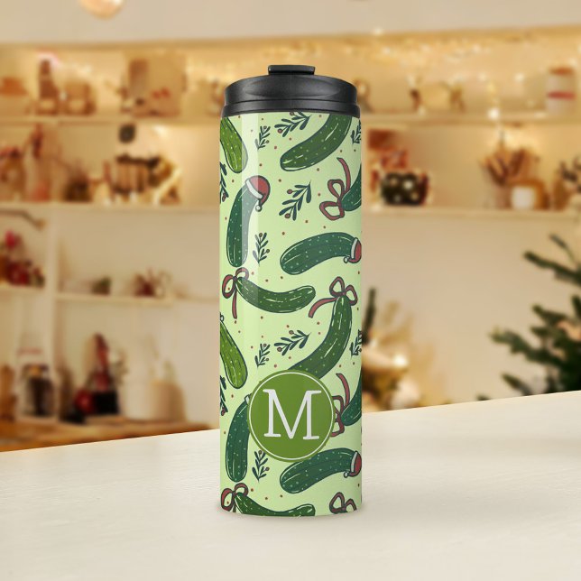 Quirky Festivals Weihnachtsmuster Thermosbecher (Christmas Pickle Pattern with Monogram Tumbler)