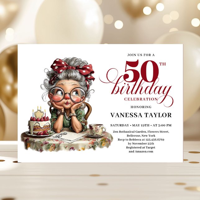 Quirky fifty celebration funny birthday lady einladung (Quirky fifty celebration invite funny birthday lady)