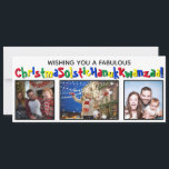 Quirky Fun All Inclusive 3 Foto Primärfarben Feiertagskarte<br><div class="desc">Diese komische und lustige Urlaubskarte deckt alle Basen ab. Der Gruß lautet: "Einen fabelhaften ChristmaSolsticHanukKwanzaa wünschen!" - die Wörter Weihnachten Solstice, Hanukkah und Kwanzaa in ein langes Wort vermischen. Der Text ist in einem skurrilen Schriftart mit abwechselnden Primärfarben geschrieben, und es gibt Platz für drei Fotos. Die Rückseite hat Schneeflocken...</div>