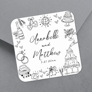 Quirky Fun Hand Drawn Whimsical Wedding Quadratischer Aufkleber