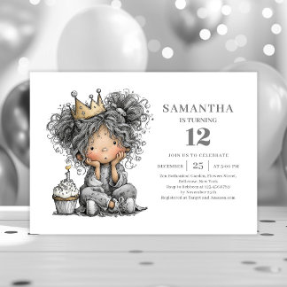 Quirky Girl 6. Geburtstag Schwarz Gold Party Einla Einladung