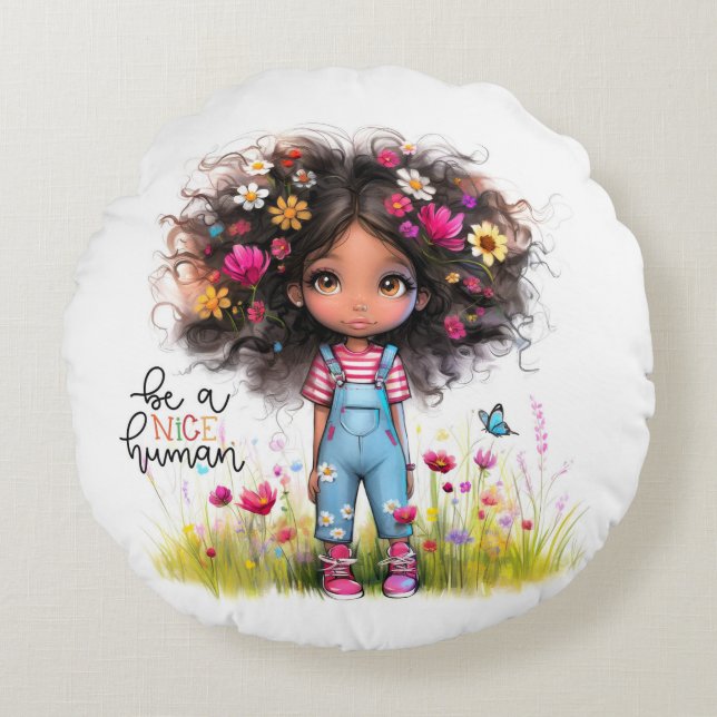 Quirky Girl Nice Human Round Pillow Rundes Kissen (Vorderseite)