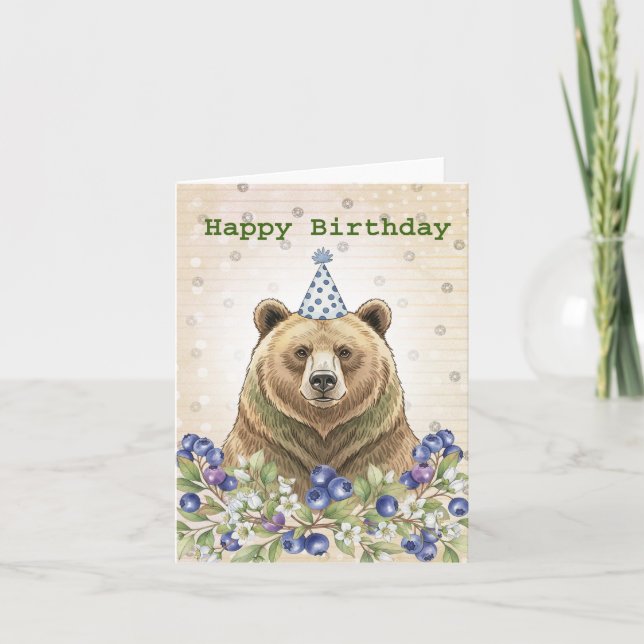 Quirky Grisly Bear mit Blueberries Men Birthday Karte (Vorderseite)