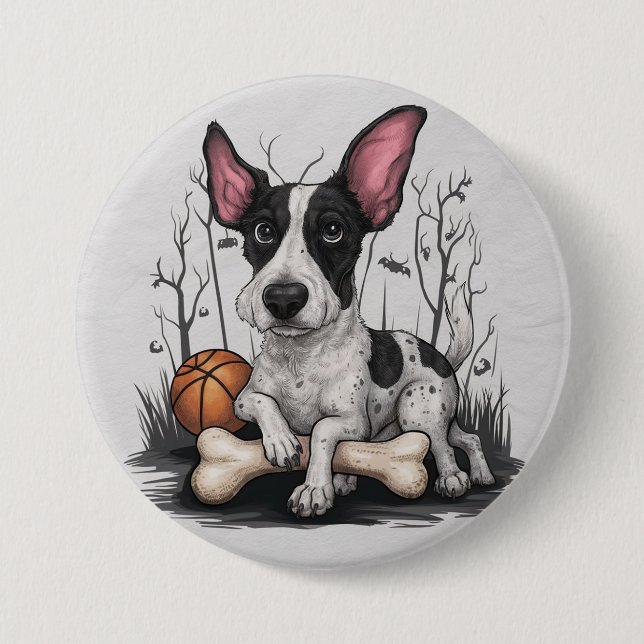 Quirky Halloween Pup: Gepunkteter Hund mit Basketb Button (Vorderseite)