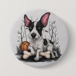 Quirky Halloween Pup: Gepunkteter Hund mit Basketb Button