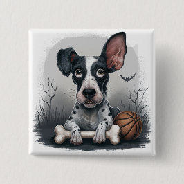 Quirky Halloween Pup: Gepunkteter Hund mit Basketb Button