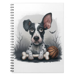 Quirky Halloween Pup: Gepunkteter Hund mit Basketb Notizblock