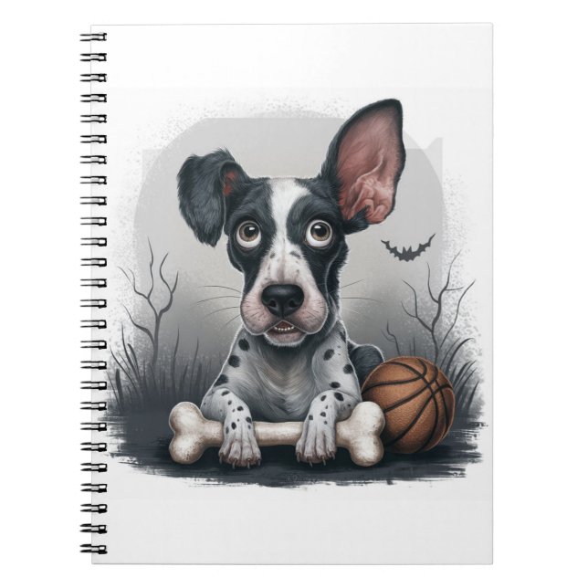 Quirky Halloween Pup: Gepunkteter Hund mit Basketb Notizblock (Vorderseite)