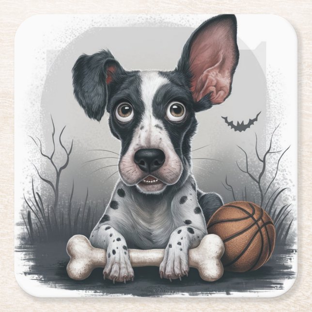 Quirky Halloween Pup: Gepunkteter Hund mit Basketb Rechteckiger Pappuntersetzer (Vorderseite)