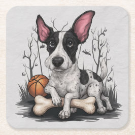 Quirky Halloween Pup: Gepunkteter Hund mit Basketb Rechteckiger Pappuntersetzer