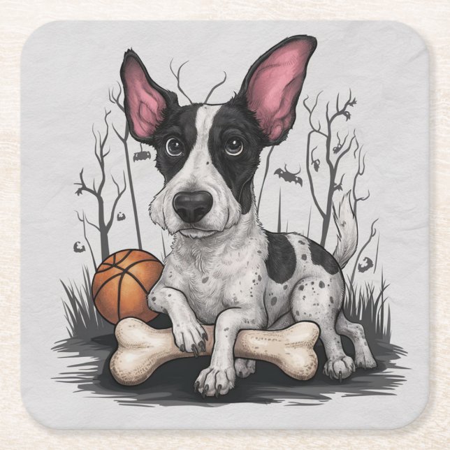 Quirky Halloween Pup: Gepunkteter Hund mit Basketb Rechteckiger Pappuntersetzer (Vorderseite)