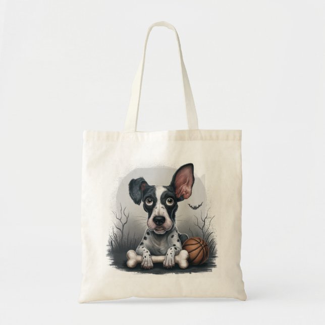 Quirky Halloween Pup: Gepunkteter Hund mit Basketb Tragetasche (Vorne)