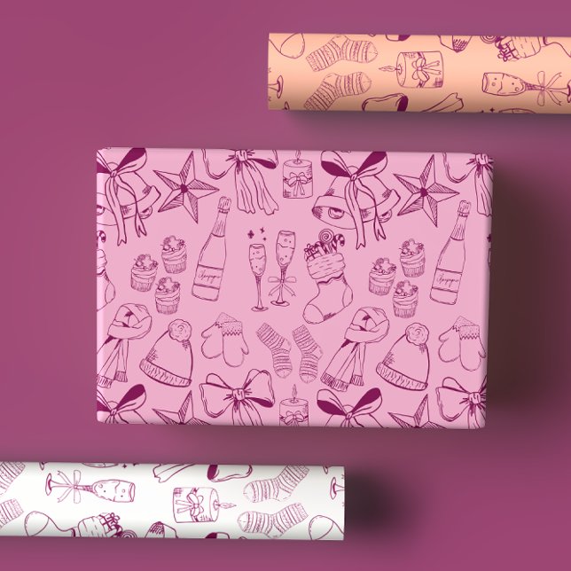 Quirky Hand Draw Bows & Bubbly Pink Xmas Party Geschenkpapier Set (Von Creator hochgeladen)