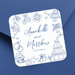 Quirky Hand Drawn Blue Whimsical Wedding Quadratischer Aufkleber<br><div class="desc">Personalisierte, von Hand Gezeichnet, blaue Hochzeitskleber. Diese lustigen und spielerischen Hochzeitsaufkleber mit Platz und Platz sind mit eigenartigen Doodle-Illustrationen rund um das Design in einem lebendigen blauen Thema gestaltet. Elemente wie ein Champagnerturm, Hochzeitskuchen, Diskokugel, Herzen, Hochzeitsglocken, Ringe, Kameras und vieles mehr sorgen für ein charmantes und feierliches Ambiente. Braut- und...</div>