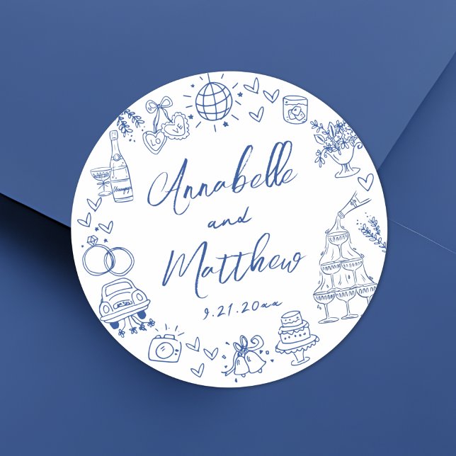 Quirky Hand Drawn Blue Whimsical Wedding Runder Aufkleber (Quirky Hand Drawn Blue Whimsical Wedding Classic Round Sticker)