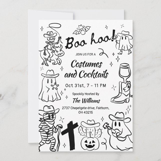 Quirky Hand Drawn Cowboy Theme Halloween-Party Einladung (Vorderseite)