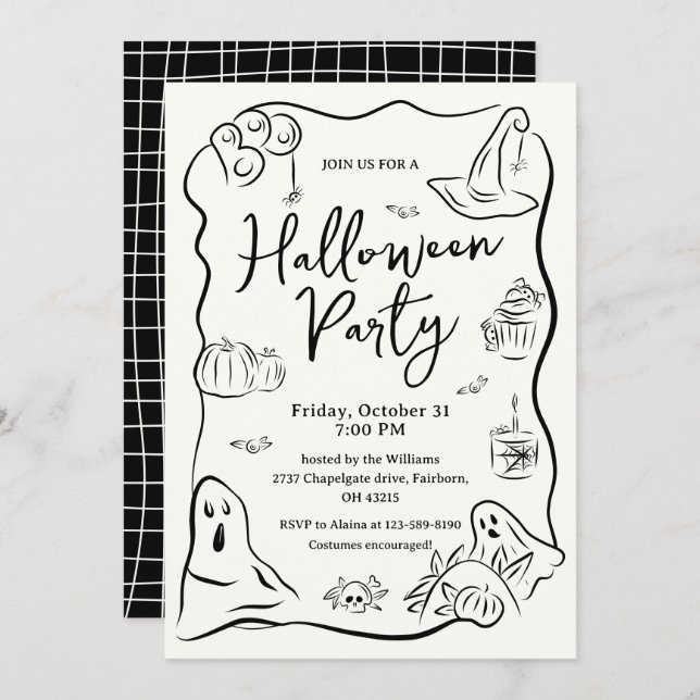 Quirky Hand Drawn Doodle Halloween-Party Einladung (Vorne/Hinten)