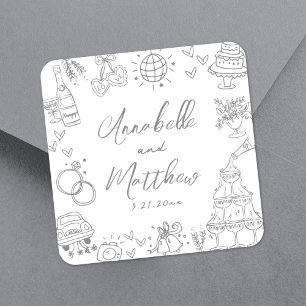 Quirky Hand Drawn Gray Whimsical Wedding Quadratischer Aufkleber