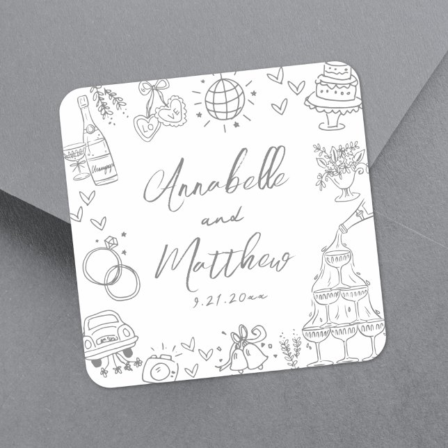 Quirky Hand Drawn Gray Whimsical Wedding Quadratischer Aufkleber (Quirky Hand Drawn Gray Whimsical Wedding Square Sticker)