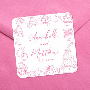 Quirky Hand Drawn Pink Whimsical Wedding Quadratischer Aufkleber