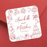 Quirky Hand Drawn Red Whimsical Wedding Quadratischer Aufkleber<br><div class="desc">Personalisierte handGezeichnet, rauschige Rote Hochzeitsticker. Diese lustigen und spielerischen Hochzeitsaufkleber sind mit eigenartigen Doodle-Illustrationen rund um das Design in einem lebendigen roten Thema gestaltet. Elemente wie ein Champagnerturm, Hochzeitskuchen, Diskokugel, Herzen, Hochzeitsglocken, Ringe, Kameras und vieles mehr sorgen für ein charmantes und feierliches Ambiente. Braut- und Bräutigam-Namen und Hochzeitsdatum werden unter...</div>