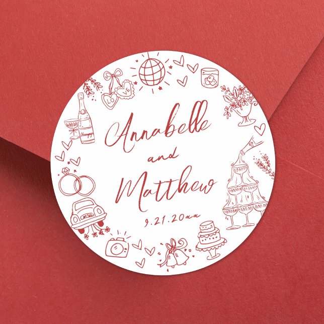 Quirky Hand Drawn Red Whimsical Wedding Runder Aufkleber (Quirky Hand Drawn Red Whimsical Wedding Classic Round Sticker )