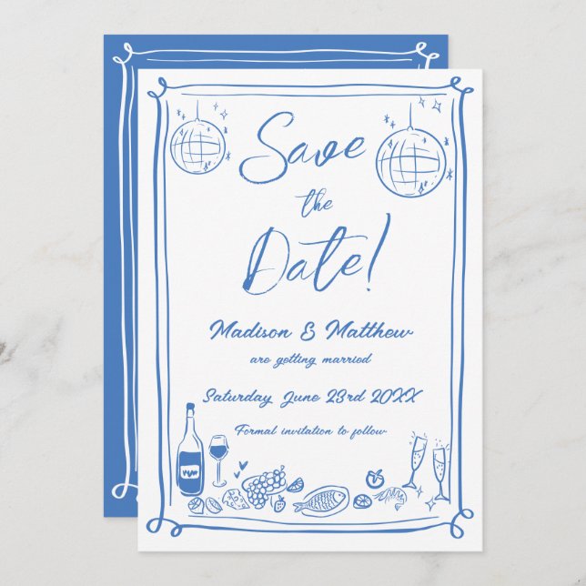 Quirky Hand Drawn Scribble Doodles Wedding Save The Date (Vorne/Hinten)