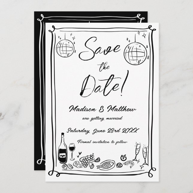 Quirky Hand Drawn Scribble Doodles Wedding Save The Date (Vorne/Hinten)
