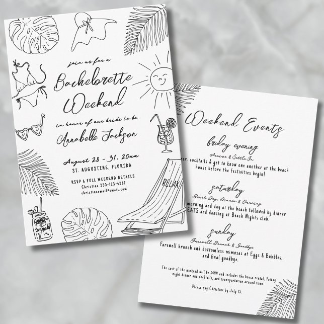 Quirky Hand Drawn Tropical Beach Bachelorette Einladung (Quirky Hand Drawn Tropical Beach Bachelorette Invitation)