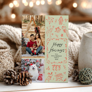 Quirky Happy Holidays Handgezeichnetes Rotes Grün Feiertagskarte